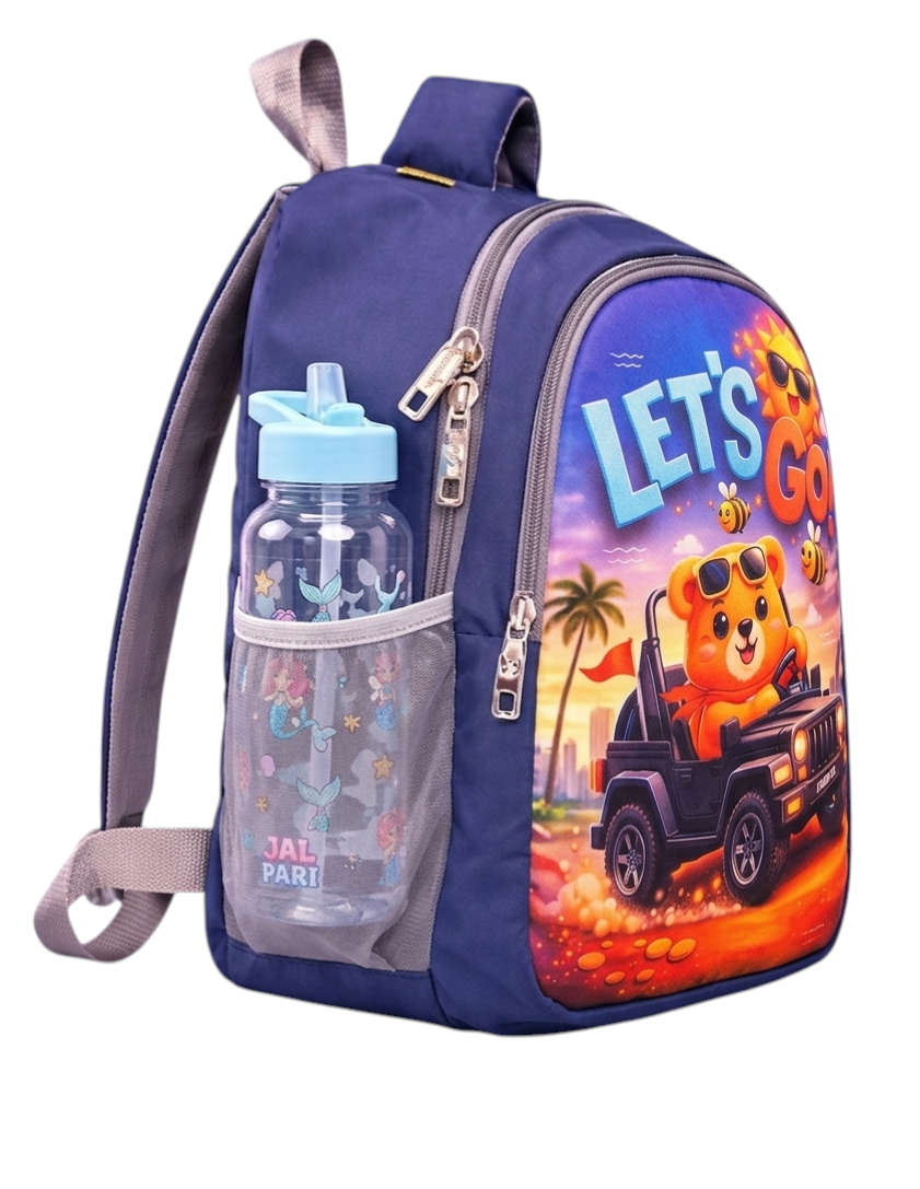 Custom Name Printed Kids Backpack | Cute Bear “Let’s Go” School Bag for Boys & Girls